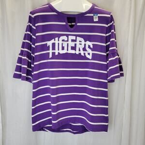 Gameday Couture LSU Tigers Purple White Stripe Tunic Bell Sleeves, XL, NWOT